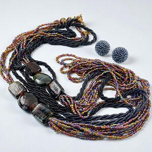 Vintage Peacock Carnival Glass Black Seed Bead Necklace Lot Clip on Earrings.